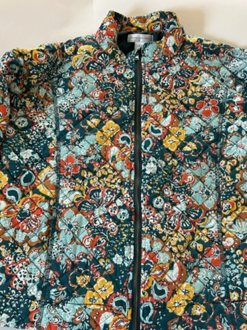 Christopher & Banks Women Green Floral Quilted Bomber Jacket Zip Up Sz Medium